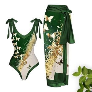 New Without Tags Gold-Green 1-Piece Swimsuit Set With‎ Cover-Up, Lingerie